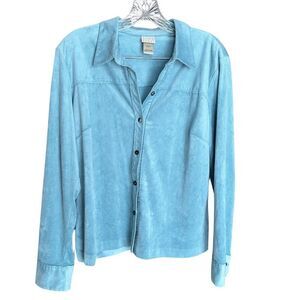 Sigrid Olsen Long Sleeve Suede Button Up Blouse Jacket Blue Large Petite